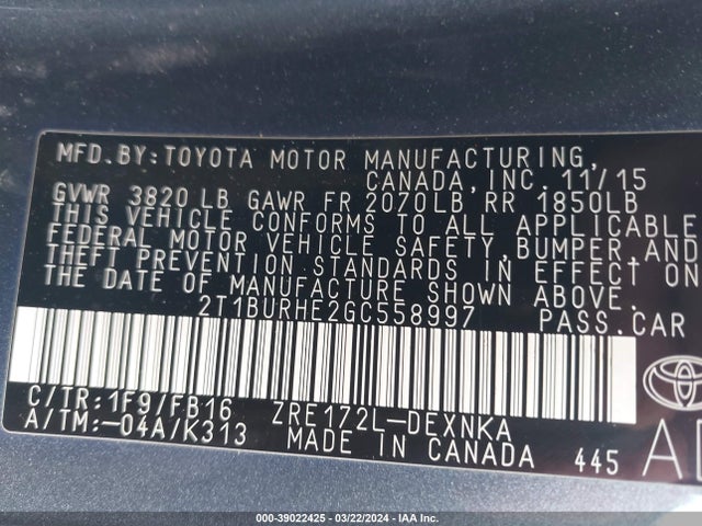 Toyota Corolla Le Plus 2016 2T1BURHE2GC558997 Image 9