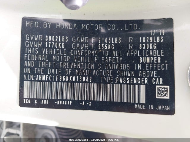 Honda Civic Touring 2019 JHMFC1F96KX013082 Image 9