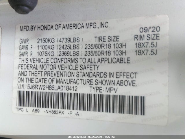 Honda Cr-v Awd Ex-l 2020 5J6RW2H86LA018412 Image 9
