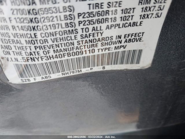 5FNYF3H40FB009110 Honda Pilot Ex