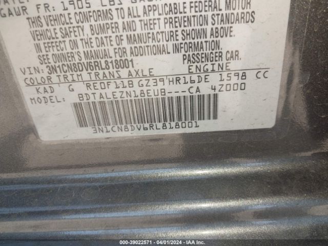 3N1CN8DV6RL818001 Nissan Versa 1.6 S