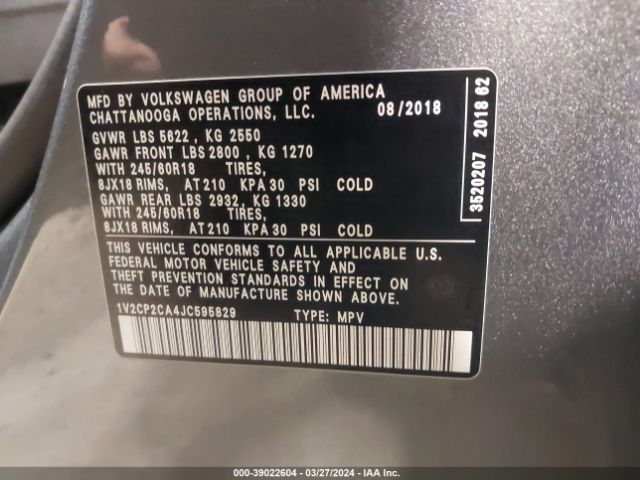 1V2CP2CA4JC595829 Volkswagen Atlas 2.0t Se