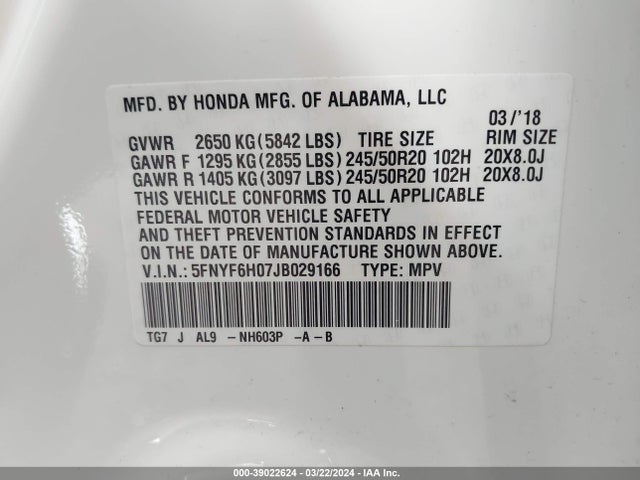 Honda Pilot Elite 2018 5FNYF6H07JB029166 Image 9