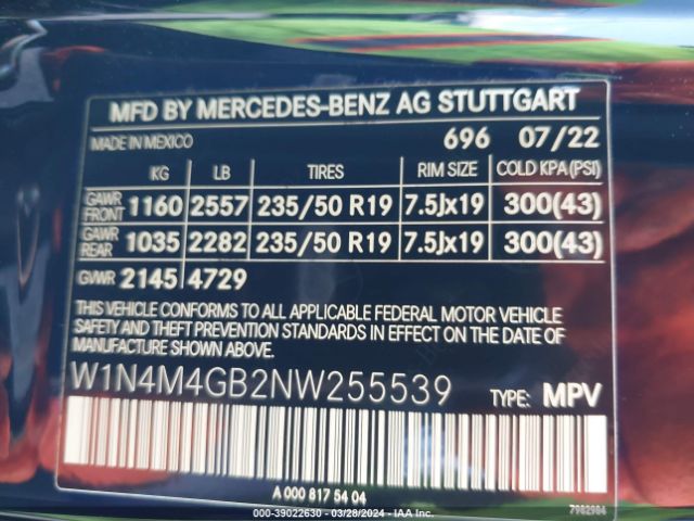 W1N4M4GB2NW255539 Mercedes-Benz GLB 250