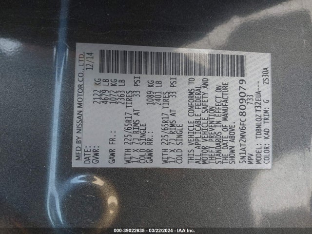 Nissan ROGUE SV 2015 5N1AT2MV6FC809079 Image 9
