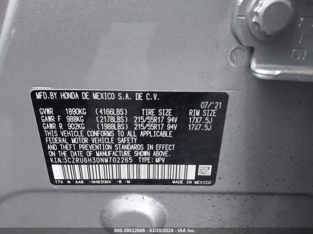 Honda Hr-v Awd Lx 2022 3CZRU6H30NM702265 Image 9