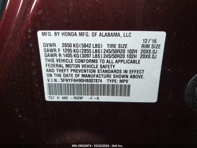 Honda Pilot Touring 2017 5FNYF6H90HB007874 Image 18