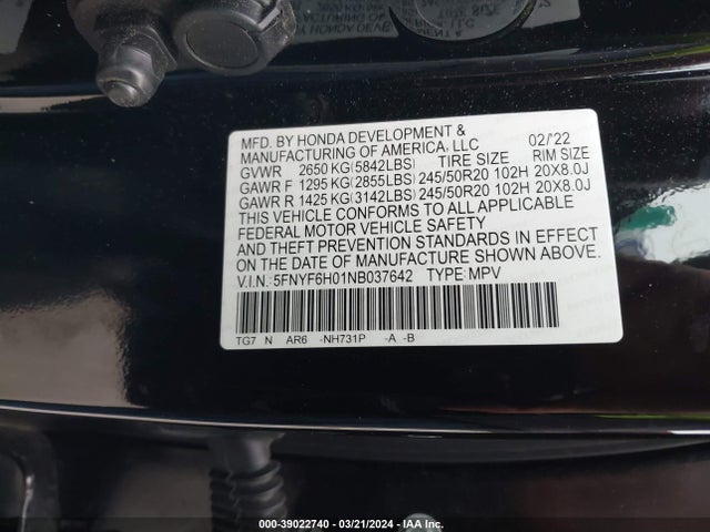 Honda Pilot Awd Elite 2022 5FNYF6H01NB037642 Image 9