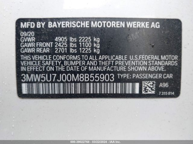 3MW5U7J00M8B55903 BMW 3 Series M340i