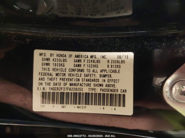 Honda ACCORD LX 2015 1HGCR2F37FA228050 Image 9