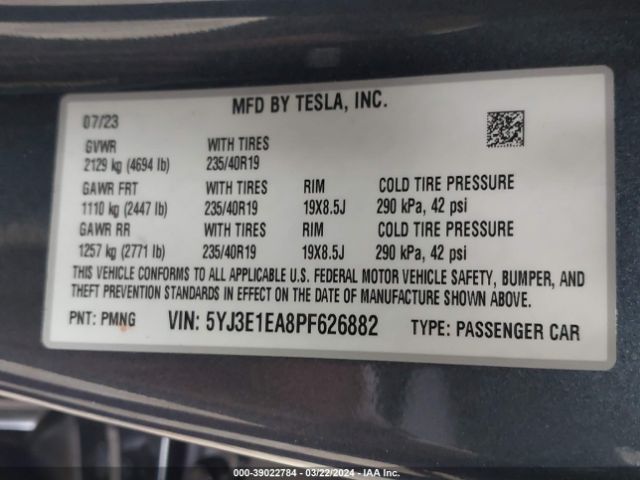 5YJ3E1EA8PF626882 Tesla Model 3 Rear-wheel Drive