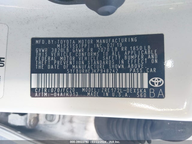 Toyota COROLLA SE 2019 5YFBURHE3KP948242 Image 9
