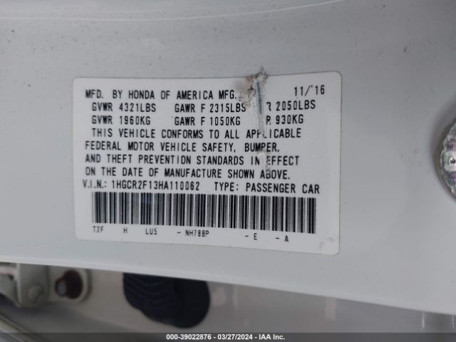 1HGCR2F13HA110062 Honda Accord Sport Se