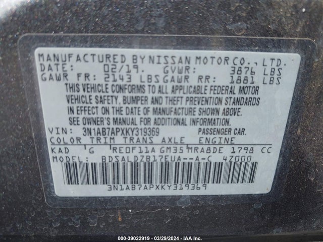 Nissan SENTRA SV 2019 3N1AB7APXKY319369 Image 9