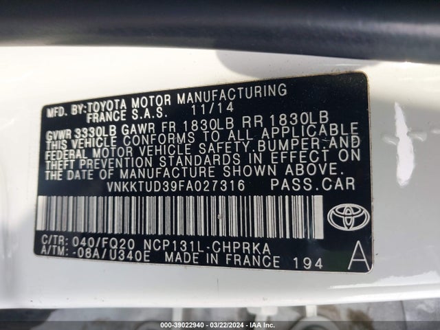 VNKKTUD39FA027316 Toyota YARIS L