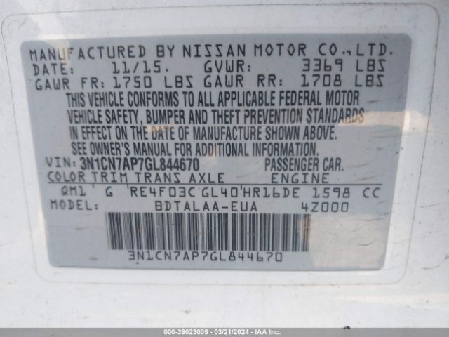 3N1CN7AP7GL844670 Nissan Versa 1.6 S