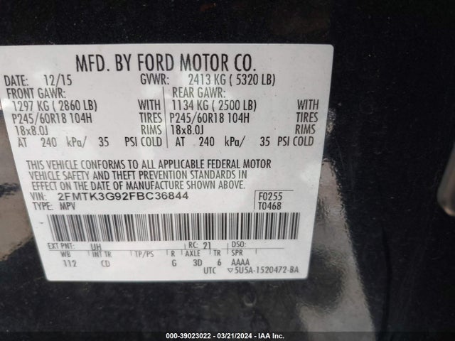 Ford EDGE SE 2015 2FMTK3G92FBC36844 Image 9