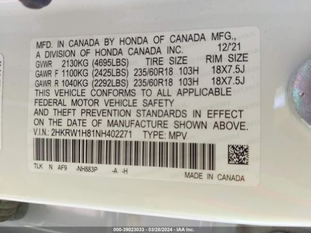 2HKRW1H81NH402271 Honda Cr-v 2wd Ex-l
