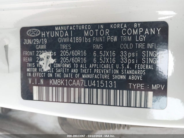 Hyundai Kona Se 2020 KM8K1CAA7LU415131 Image 9