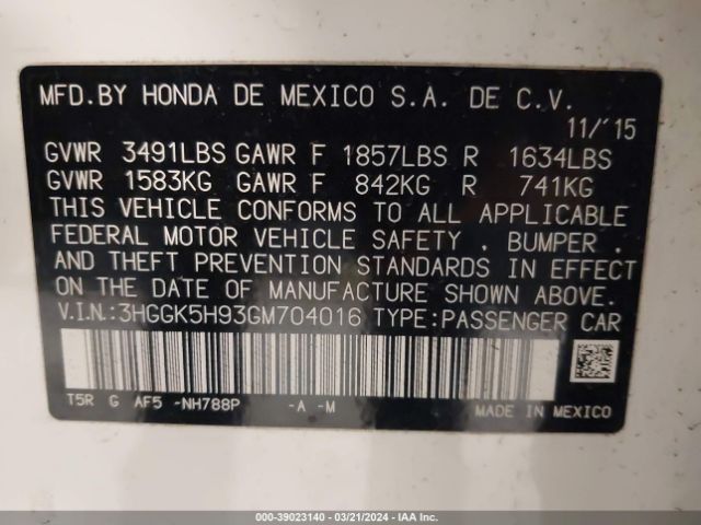3HGGK5H93GM704016 Honda Fit Ex-l