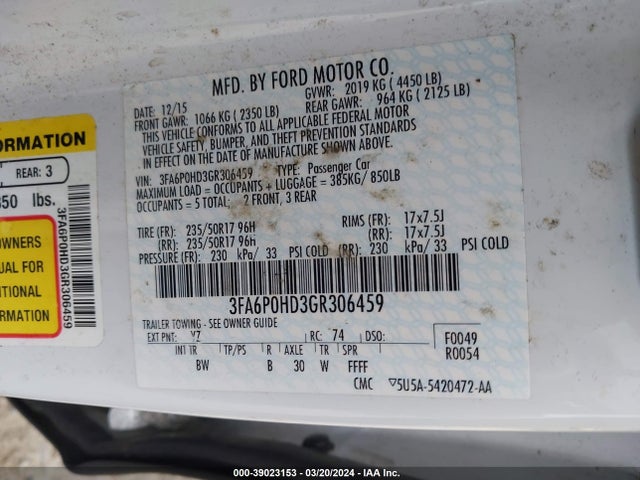 Ford FUSION SE 2016 3FA6P0HD3GR306459 Image 9