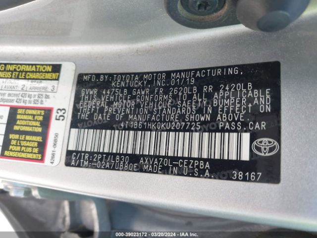 4T1B61HK0KU207725 Toyota CAMRY XSE