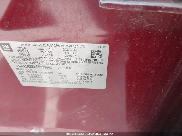 GMC Terrain Sle-2 2016 2GKALNEKXG6190642 Image 9