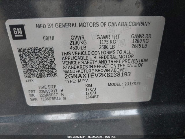 Chevrolet EQUINOX LT 2019 2GNAXTEV2K6138193 Image 9