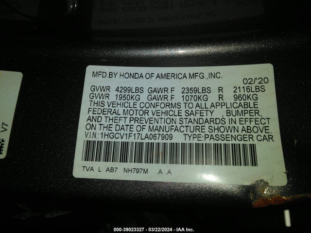 Honda ACCORD LX 2020 1HGCV1F17LA067909 Image 9