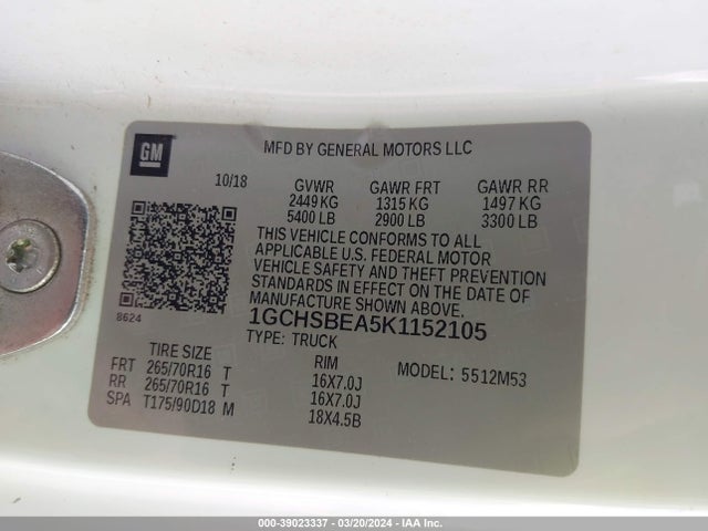 Chevrolet Colorado Wt 2019 1GCHSBEA5K1152105 Image 9