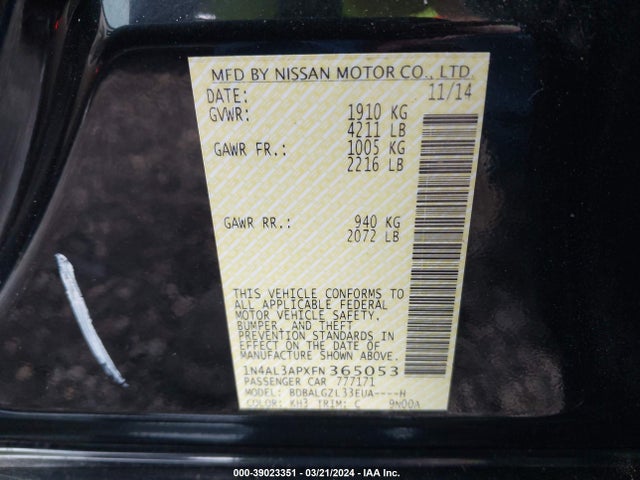 Nissan Altima 2.5 S 2015 1N4AL3APXFN365053 Image 9