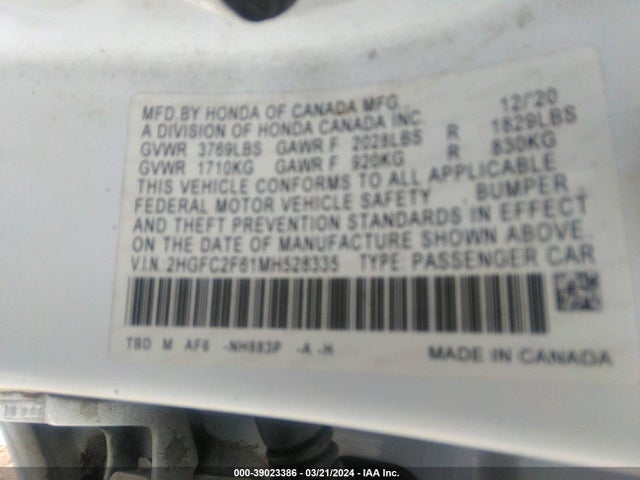 Honda Civic Lx 2021 2HGFC2F61MH528335 Image 9