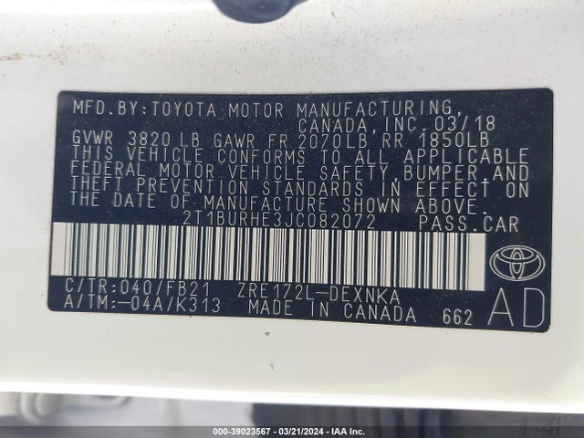 Toyota COROLLA LE 2018 2T1BURHE3JC082072 Image 9