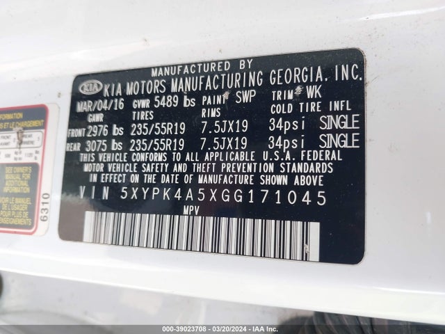KIA Sorento 3.3l Sx 2016 5XYPK4A5XGG171045 Image 9
