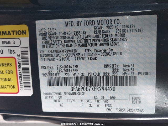 Ford FUSION S 2015 3FA6P0G7XFR294420 Image 9