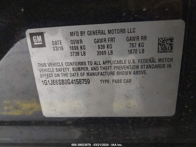 Chevrolet Sonic Ltz Auto 2016 1G1JE6SB0G4158759 Image 9