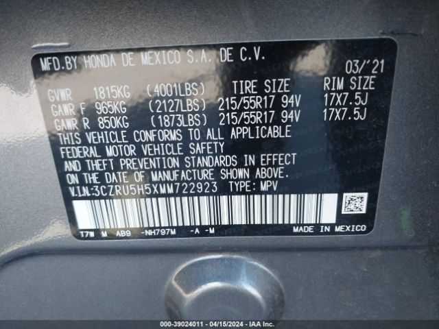 3CZRU5H5XMM722923 Honda Hr-v 2wd Ex