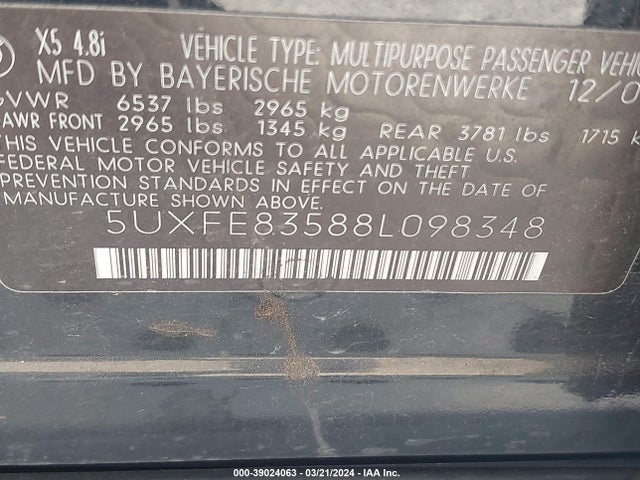 Aukcja sprzedaży 2008 Bmw X5 4.8i, vin: 5UXFE83588L098348, numer aukcji: 39024063