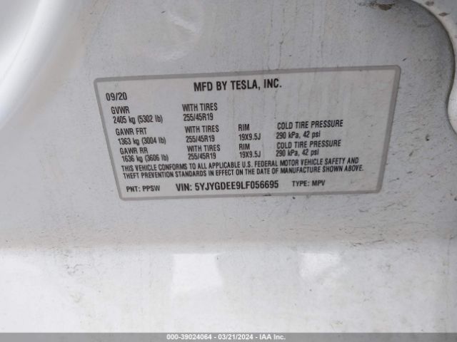 5YJYGDEE9LF056695 Tesla Model Y Long Range Dual Motor All-wheel Drive