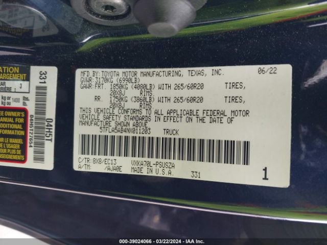 5TFLA5AB4NX011203 Toyota Tundra Sr5