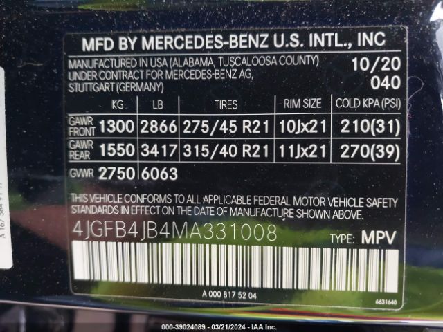 4JGFB4JB4MA331008 Mercedes-Benz GLE 350