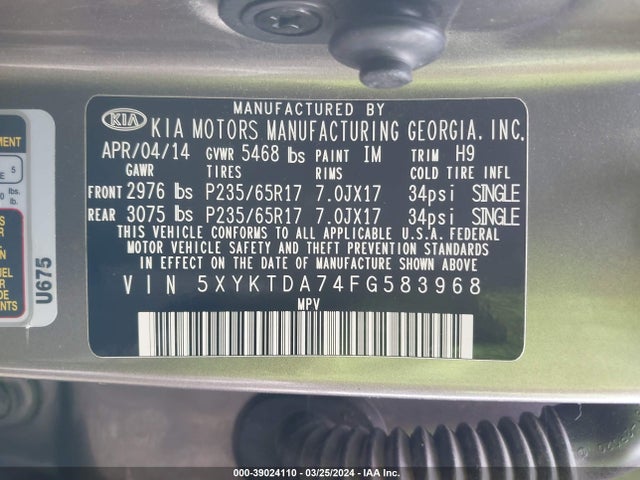 KIA Sorento Lx V6 2015 5XYKTDA74FG583968 Image 9