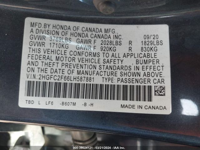 2HGFC2F66LH587881 Honda Civic Lx