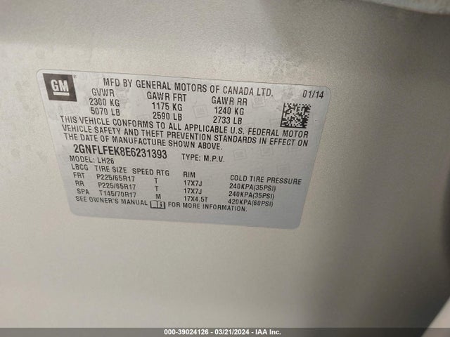 Chevrolet EQUINOX 1LT 2014 2GNFLFEK8E6231393 Image 9
