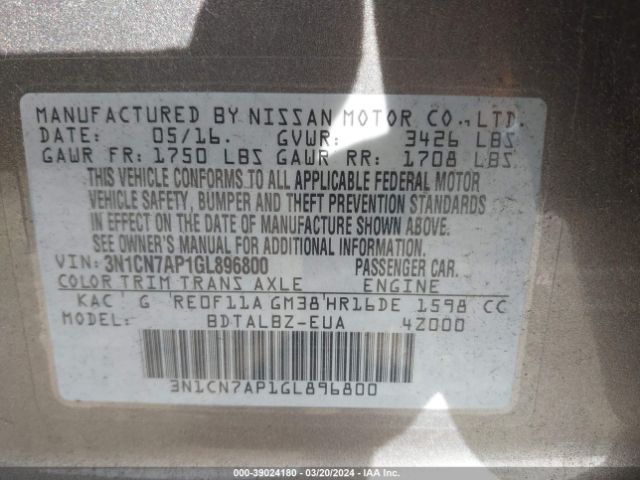 3N1CN7AP1GL896800 Nissan Versa 1.6 S/1.6 S+/1.6 Sl/1.6 Sv