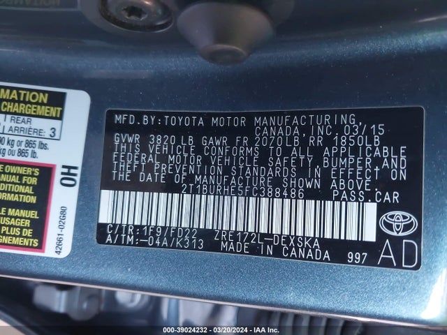 Toyota Corolla S Plus 2015 2T1BURHE5FC388486 Image 9