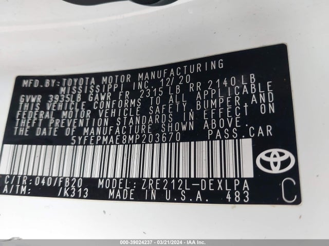 Toyota COROLLA LE 2021 5YFEPMAE8MP203670 Image 9