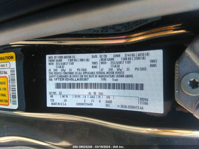 Ford RANGER XL 2020 1FTER1EH5LLA55367 Image 9