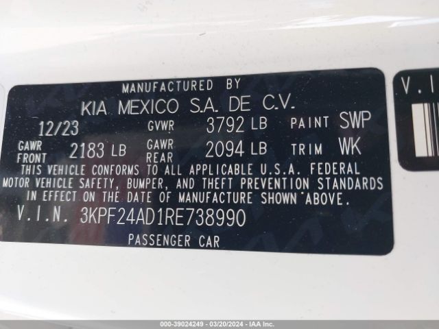 3KPF24AD1RE738990 KIA Forte Lxs