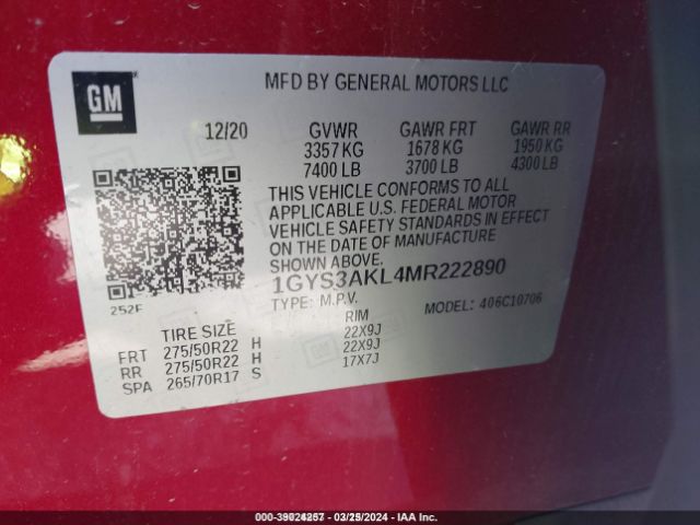 1GYS3AKL4MR222890 Cadillac Escalade 2wd Luxury